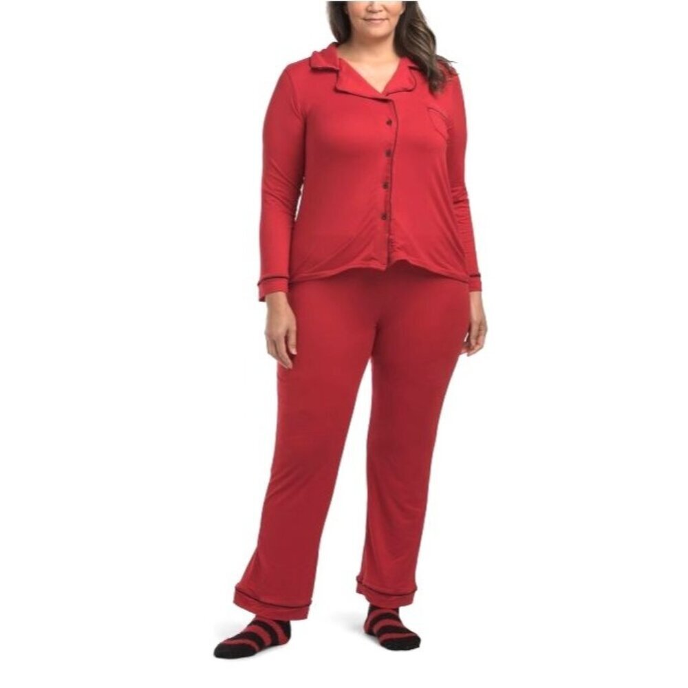 Born Womens Red Long Sleeve Collar Pajamas With Cozy Socks 3pc Package Sz XL New